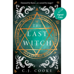 Book cover of 'The Last Witch' with decorative elements and a green hexagonal symbol.