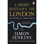 Book cover of 'A Short History of London' by Simon Jenkins with a black background and blue river illustration.