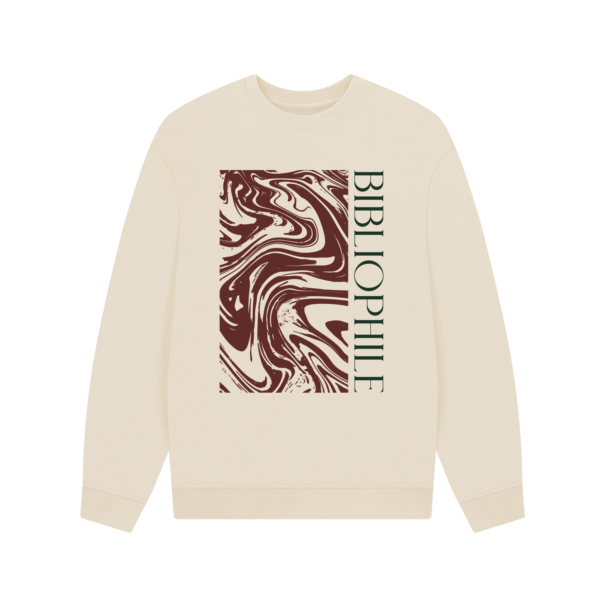Beige sweatshirt with marbled design and 'BIBLIOPHILE' text on a white background