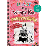 Book cover of 'Diary of a Wimpy Kid: Partypooper' with a pink background and birthday cake illustration.
