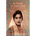 Book cover of 'In Search of Amrit Kaur' with a portrait of a woman and decorative elements.