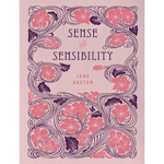 Book cover of 'Sense and Sensibility' by Jane Austen with decorative floral design on a pink background