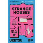 Book cover of 'Strange Houses' with pink house floor plan and knife illustration on blue background