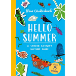 Book cover of 'Hello Summer' with stickers and nature-themed illustrations on a blue and yellow background.