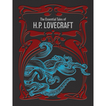 Book cover of 'The Essential Tales of H.P. Lovecraft' with red and blue design elements.
