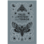 Book cover of 'Tales of Mystery and Terror' by Edgar Allan Poe with moth illustrations on a gray background.