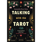 Book cover of 'Talking with the Tarot' by Samantha Rose Hicks with decorative elements on a black background.