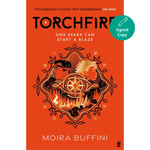 Book cover of 'Torchfire' by Moira Buffini with an orange background and decorative elements.