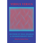 Cover image description: The book's cover features a square-shaped artwork by Polish artist, Julian Stanczak, entitled 'Concurrent Colors'. The painting creates an optical illusion of vertical moving curved lines in red and blue, giving the impression of moving waves or sand dunes. At the edges of the painting the lines thin out so that they resemble a comb effect. The painting has a darker blue framing band around it, filling the extent of the cover. The title of the anthology 'VERSUS VERSUS' is in a large