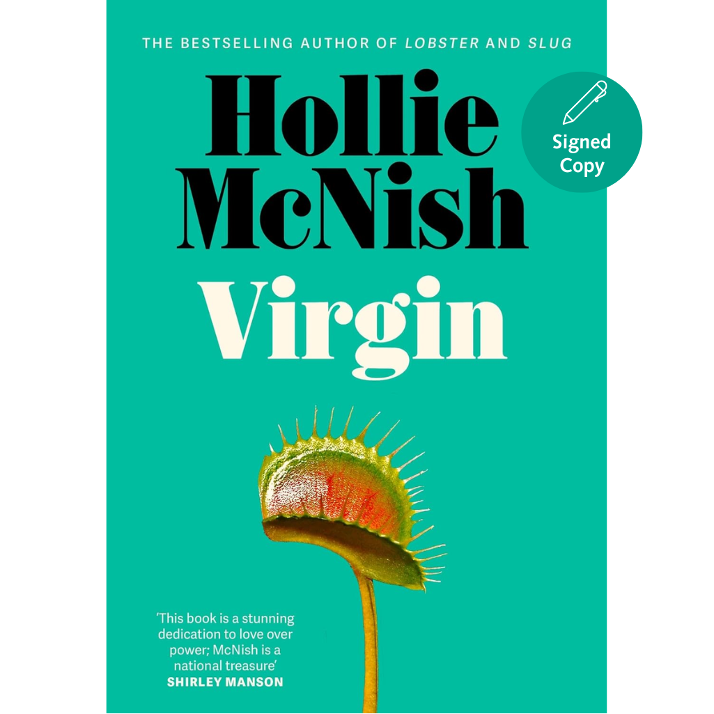 Book cover of 'Virgin' by Hollie McNish with a green background and Venus flytrap illustration.