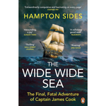 Book cover of 'The Wide Wide Sea' with a ship on a stormy sea, featuring reviews above the title.