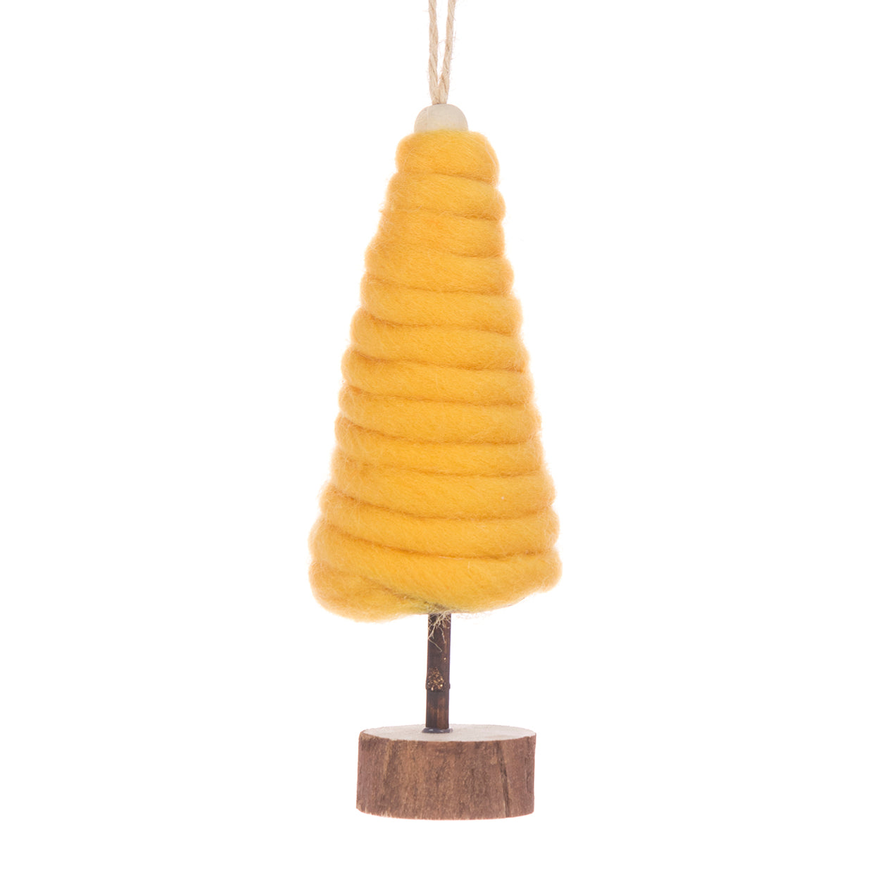 Charming yellow woolen Christmas tree decoration on a wooden base.