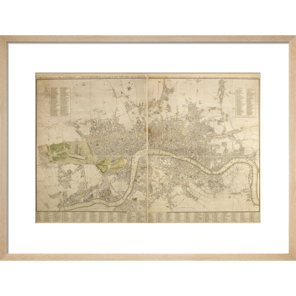 Cary Map of London and Westminster print in natural frame