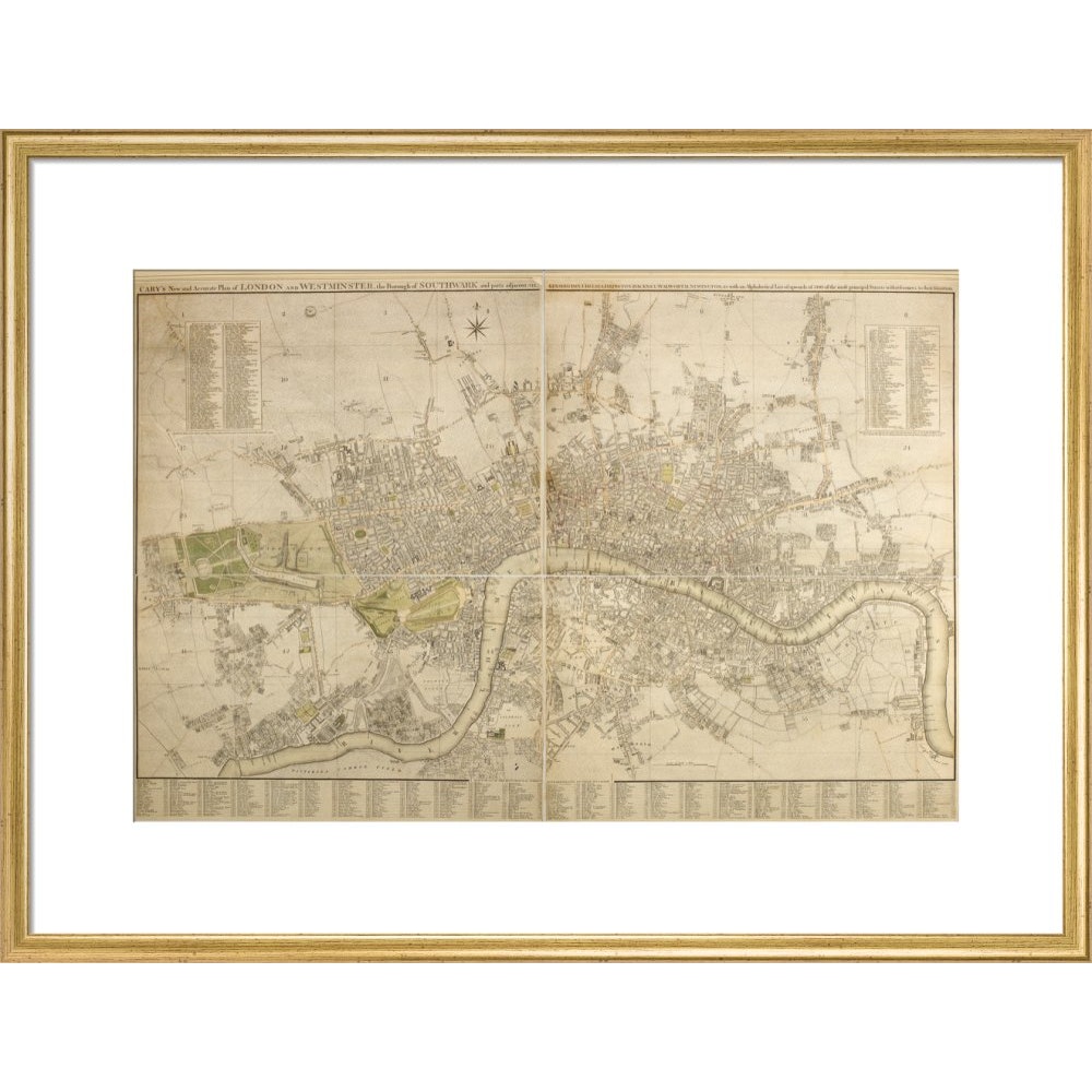 Cary Map of London and Westminster print in gold frame