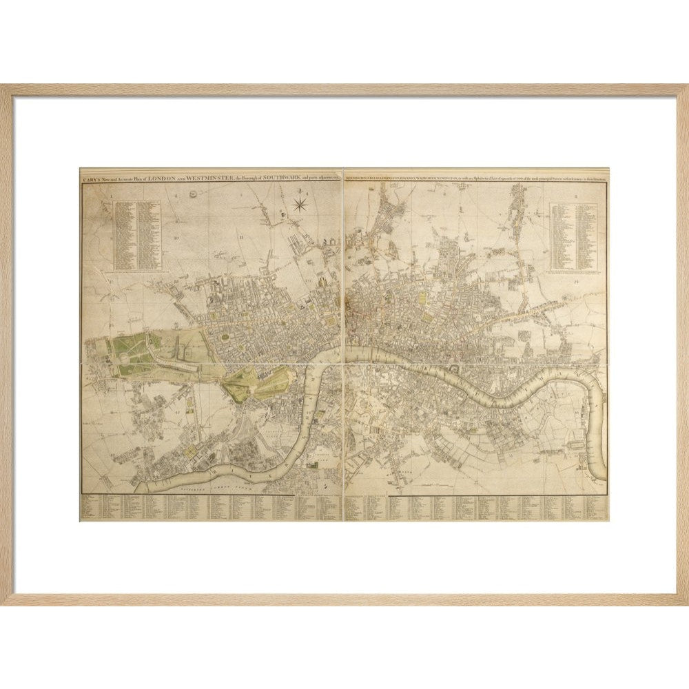 Cary Map of London and Westminster print in natural frame