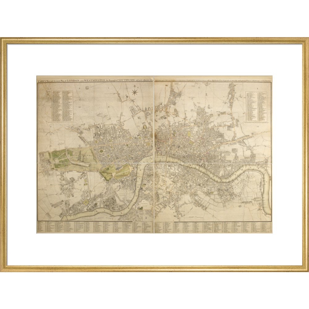Cary Map of London and Westminster print in gold frame