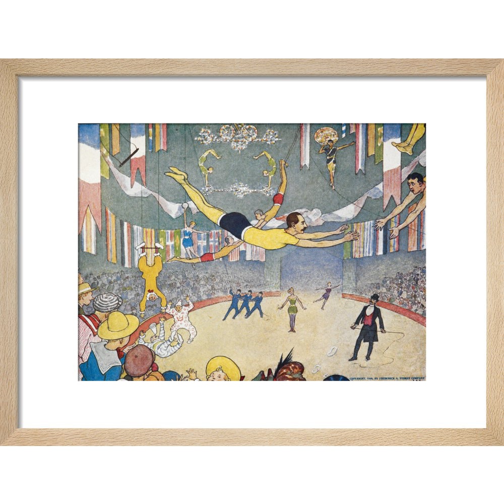 Trapeze Artists Leap through Space print in natural frame