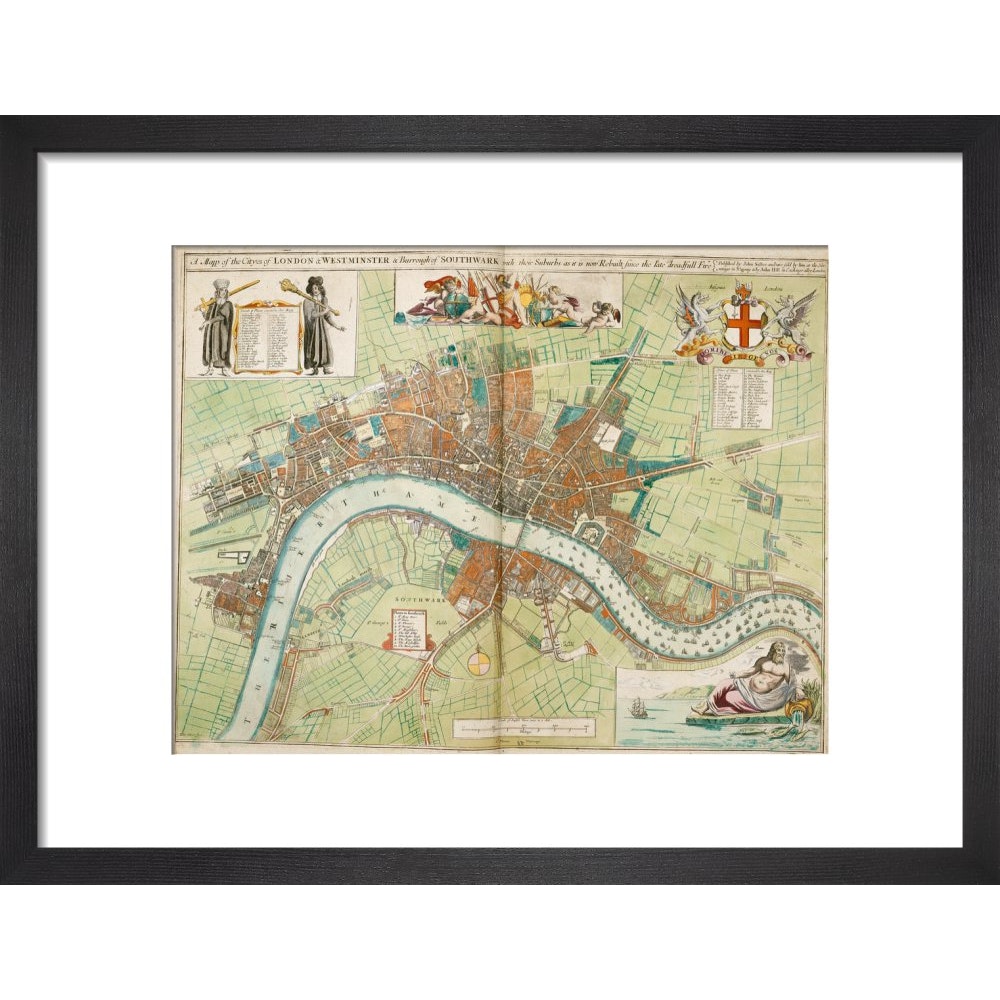 London and Westminster Rebuilt after the Great Fire of London Map print in black frame