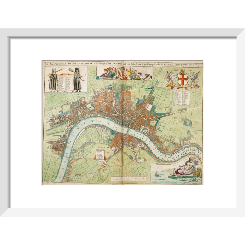 London and Westminster Rebuilt after the Great Fire of London Map print in white frame