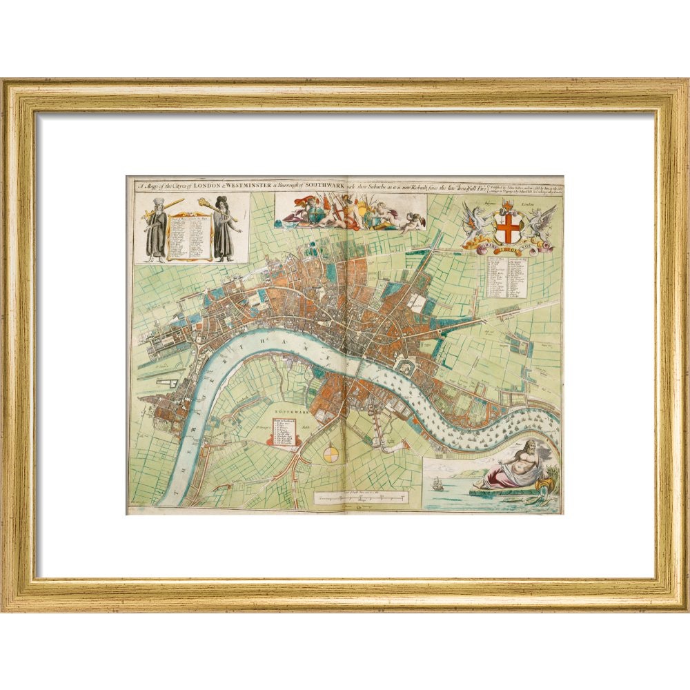 London and Westminster Rebuilt after the Great Fire of London Map print in gold frame