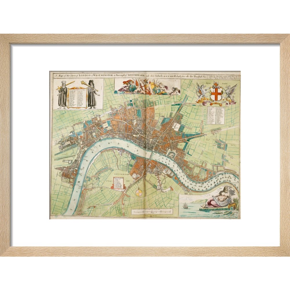 London and Westminster Rebuilt after the Great Fire of London Map print in natural frame