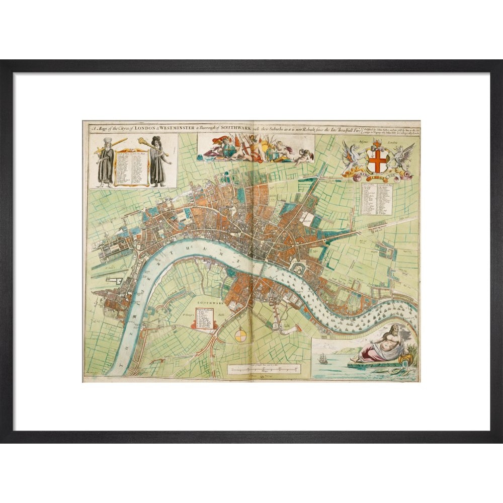 London and Westminster Rebuilt after the Great Fire of London Map print in black frame