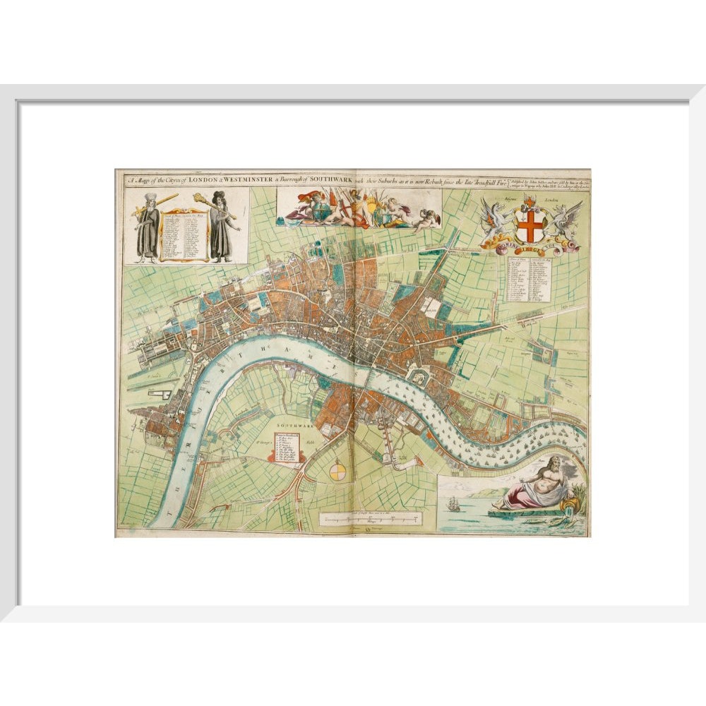 London and Westminster Rebuilt after the Great Fire of London Map print in white frame