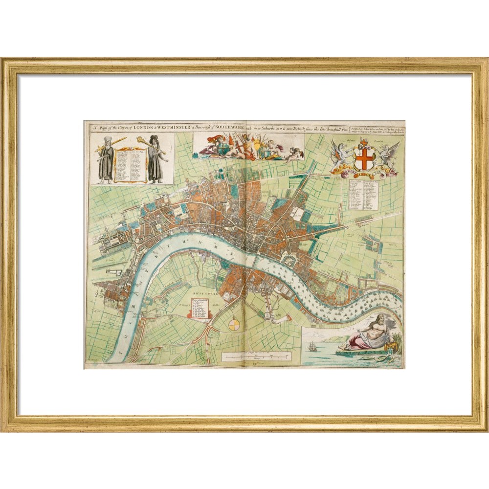 London and Westminster Rebuilt after the Great Fire of London Map print in gold frame
