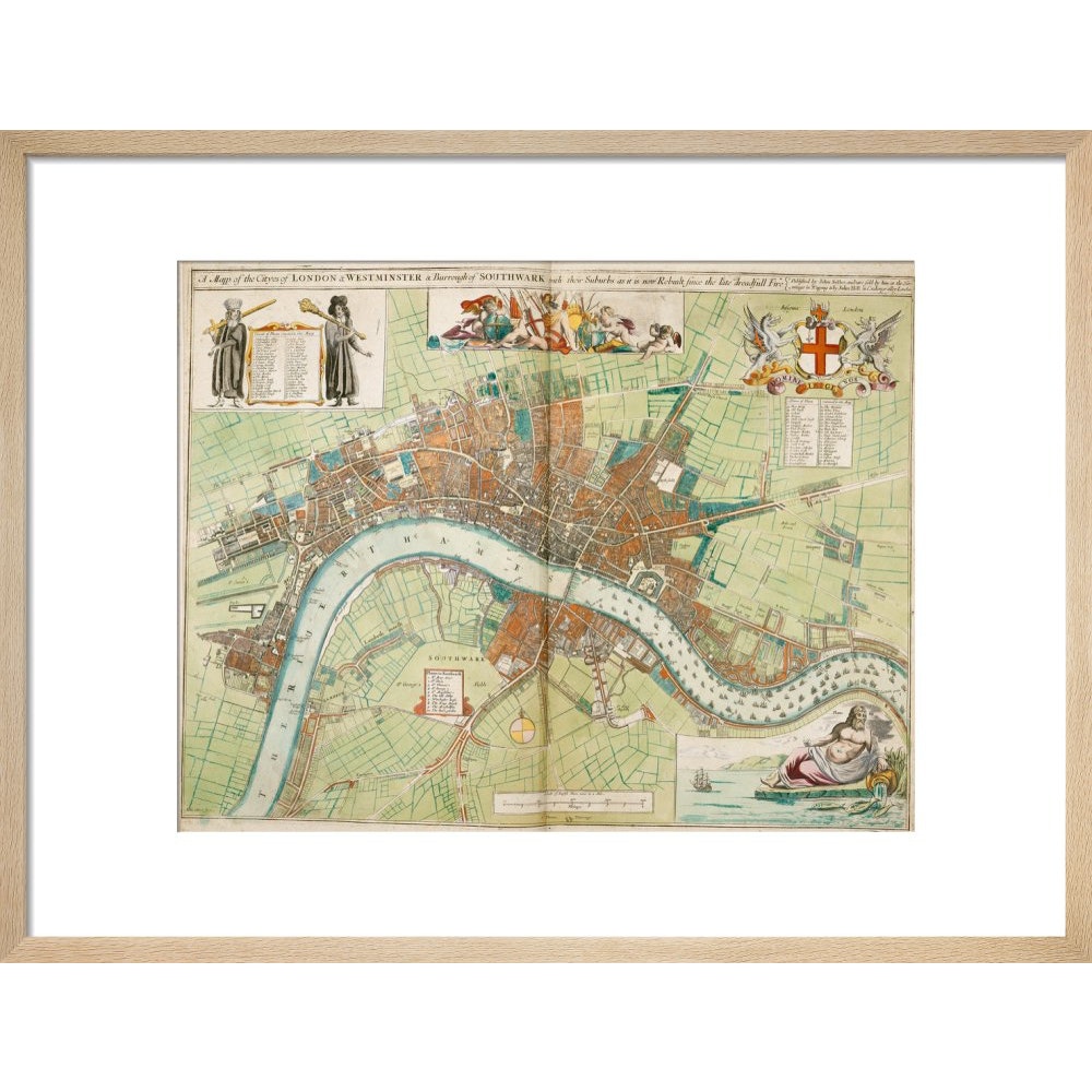 London and Westminster Rebuilt after the Great Fire of London Map print in natural frame