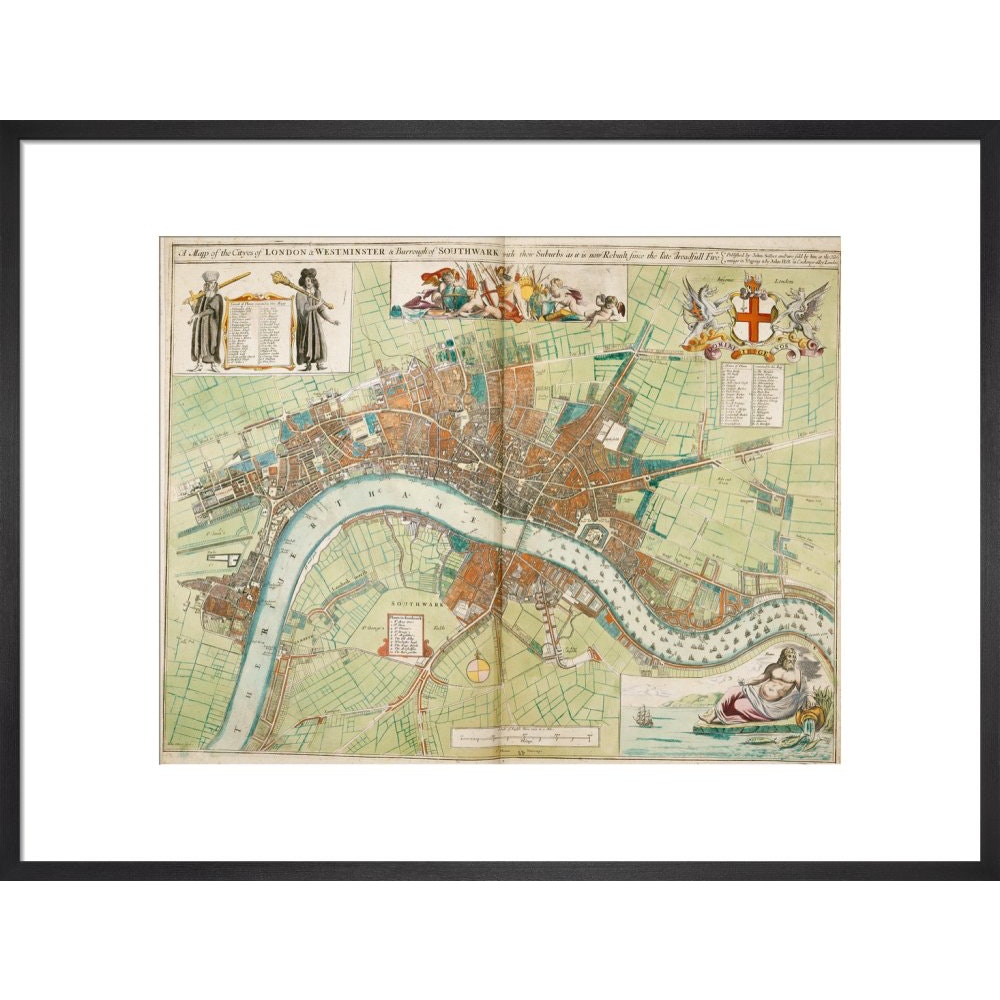 London and Westminster Rebuilt after the Great Fire of London Map print in black frame