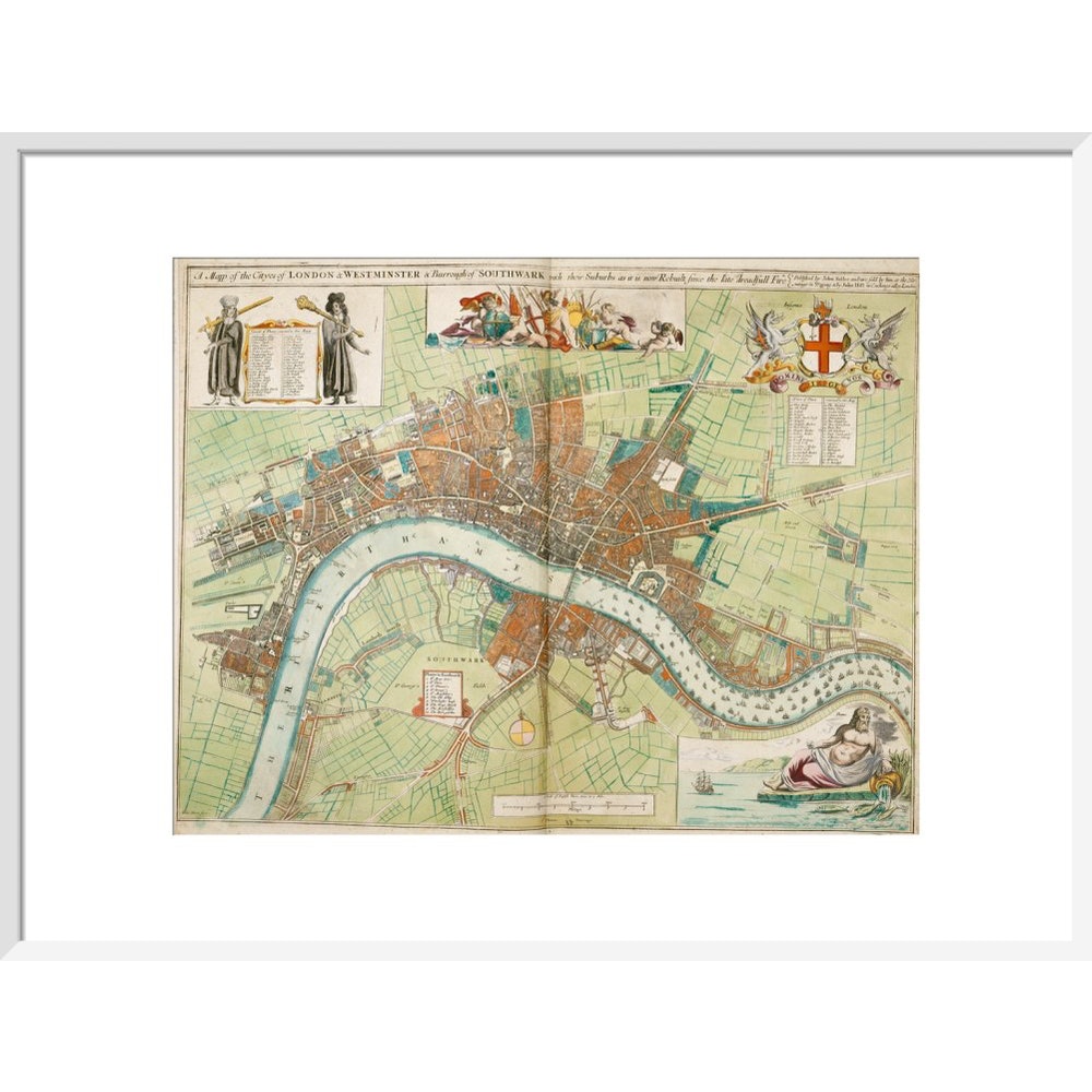 London and Westminster Rebuilt after the Great Fire of London Map print in white frame