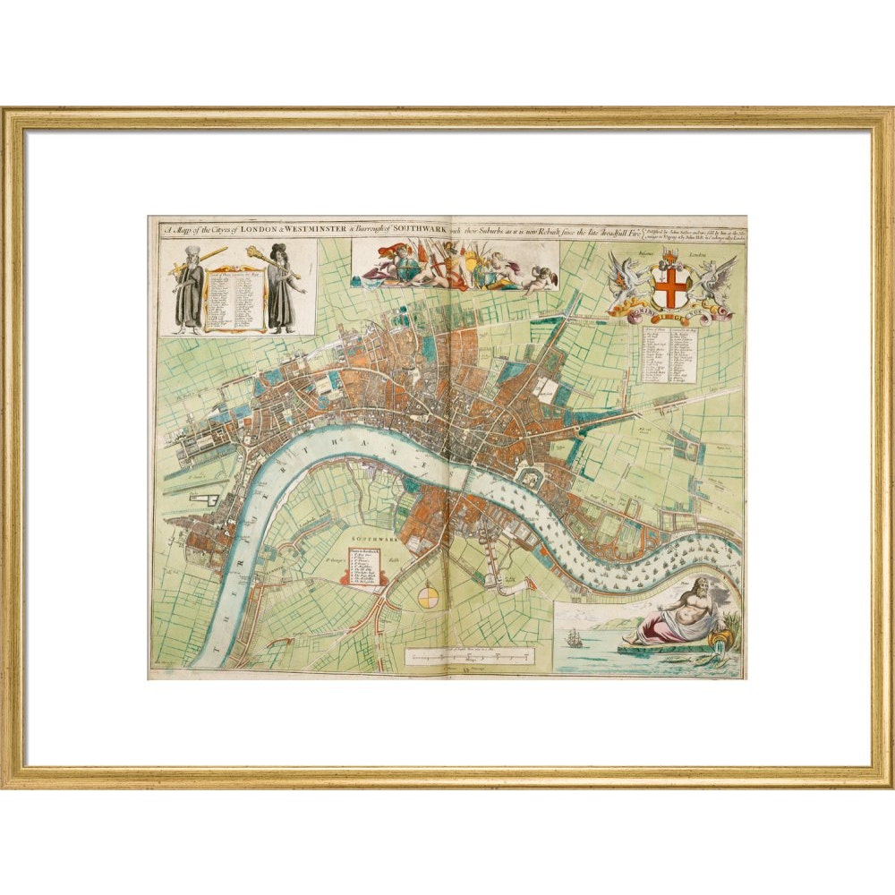 London and Westminster Rebuilt after the Great Fire of London Map print in gold frame