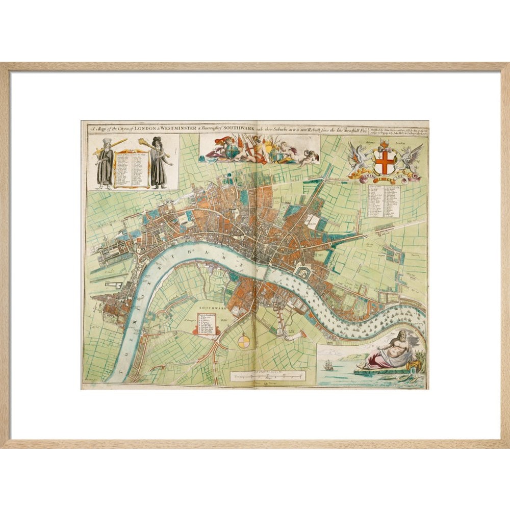 London and Westminster Rebuilt after the Great Fire of London Map print in natural frame