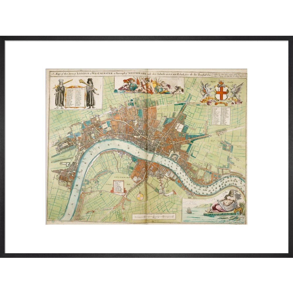 London and Westminster Rebuilt after the Great Fire of London Map print in black frame