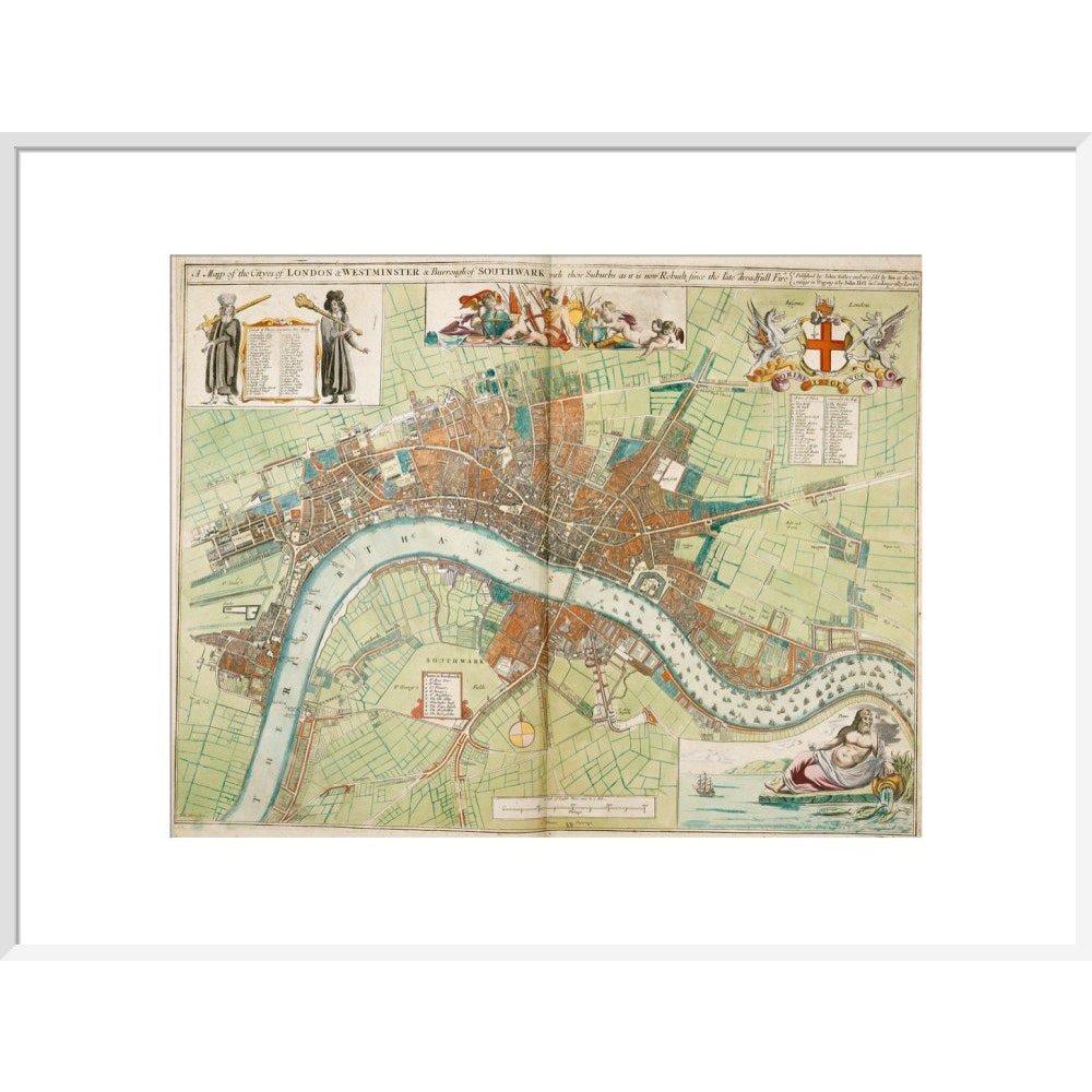London and Westminster Rebuilt after the Great Fire of London Map print in white frame