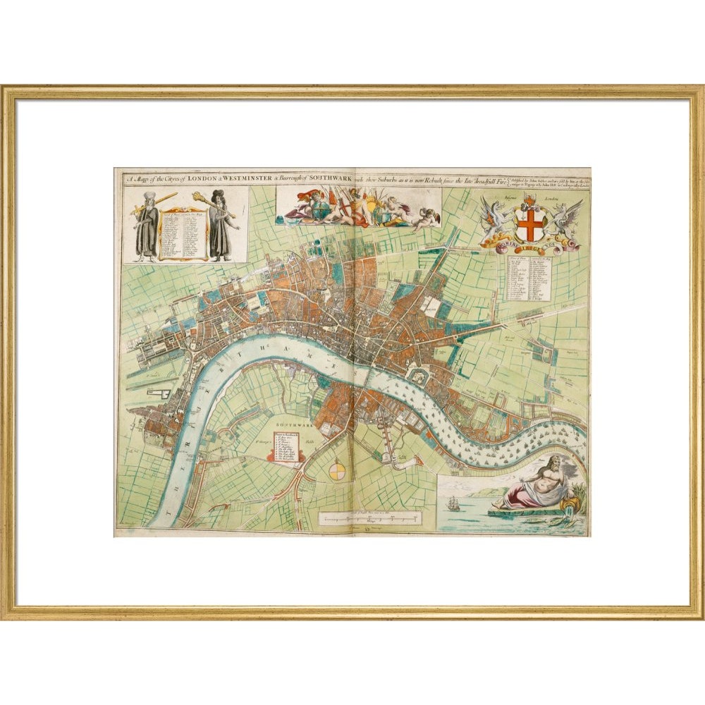 London and Westminster Rebuilt after the Great Fire of London Map print in gold frame