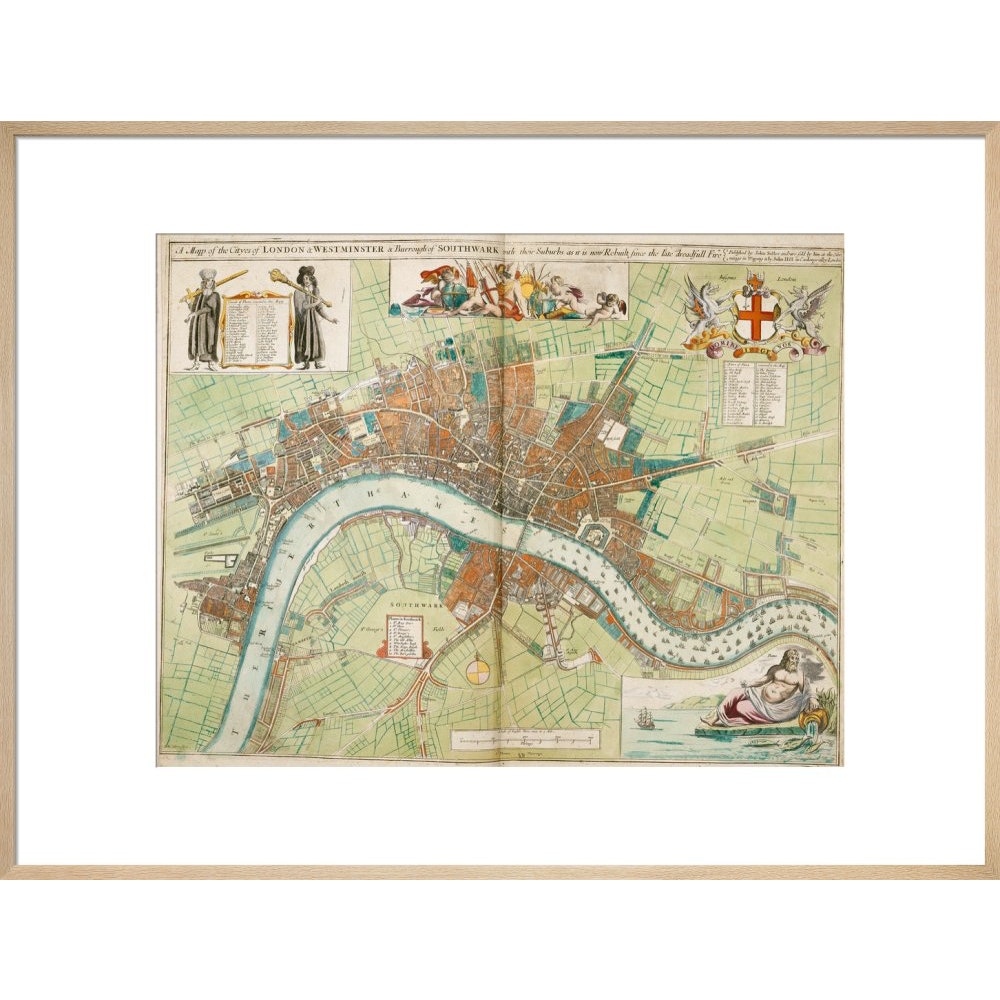 London and Westminster Rebuilt after the Great Fire of London Map print in natural frame
