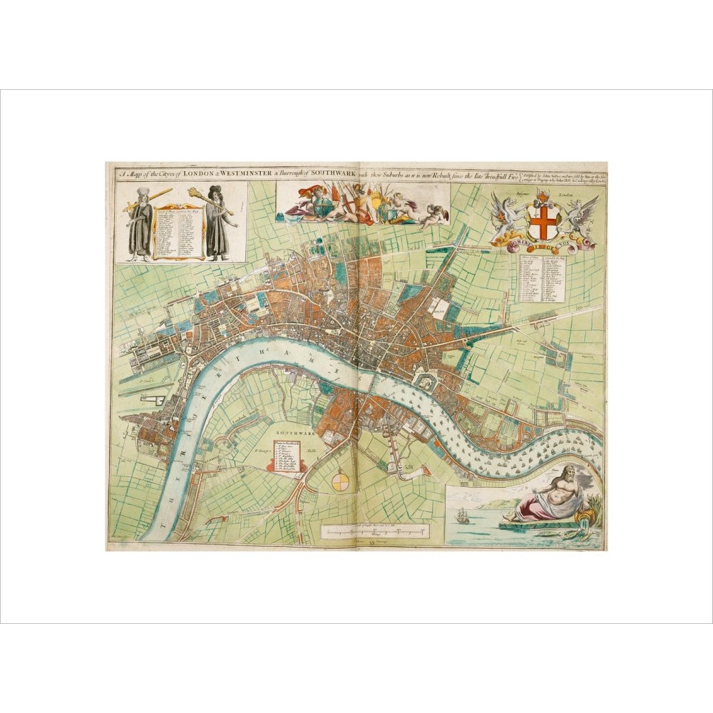 London and Westminster Rebuilt after the Great Fire of London Map print unframed