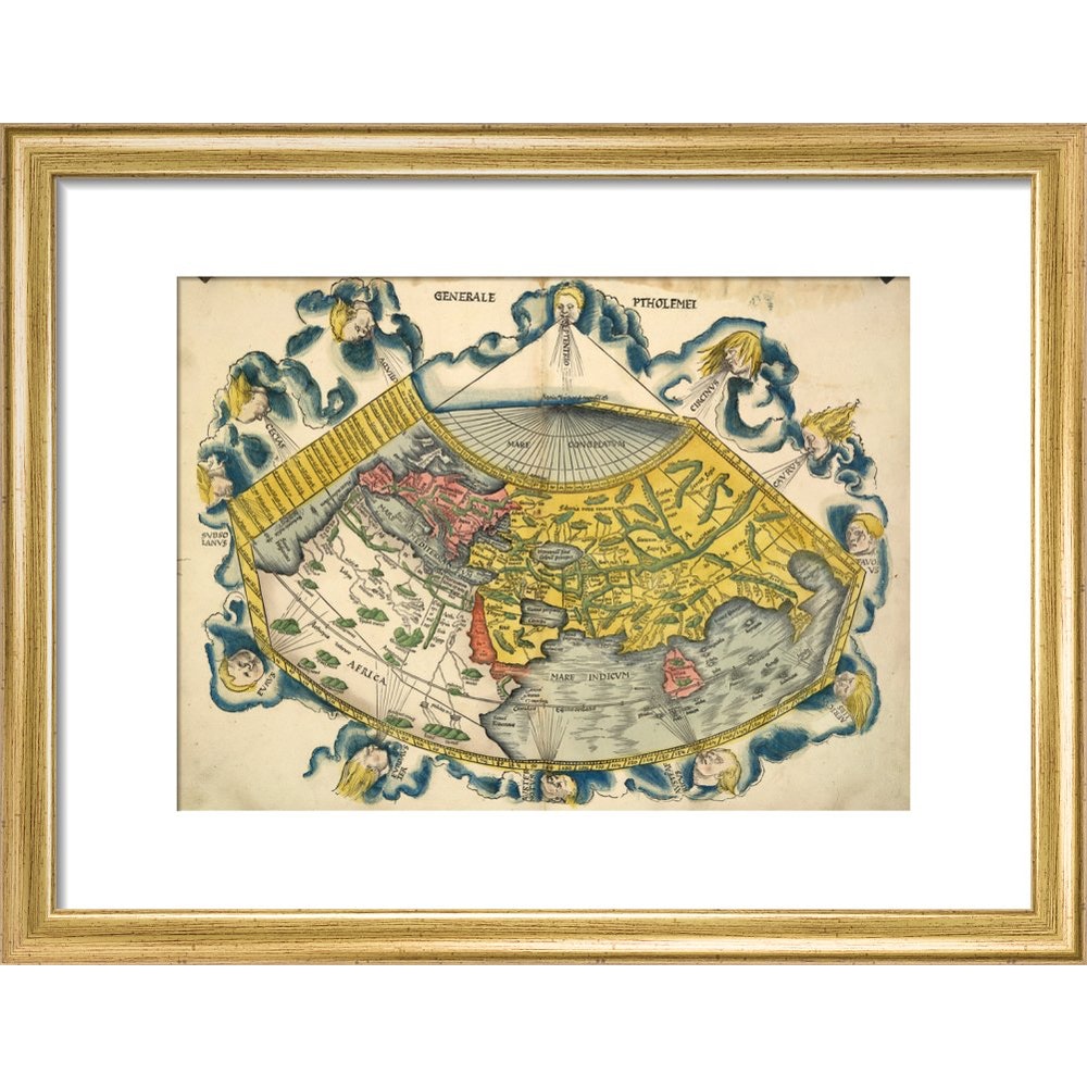 Ptolemic World Map print in gold frame