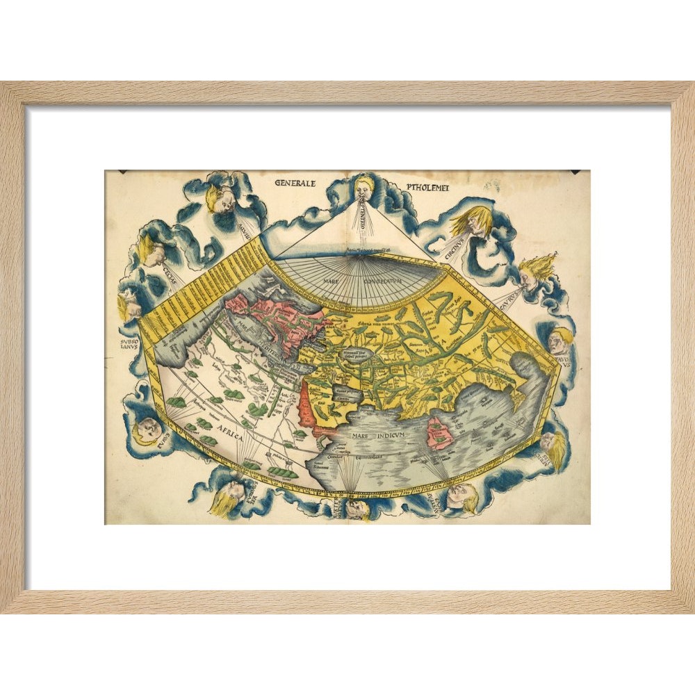Ptolemic World Map print in natural frame