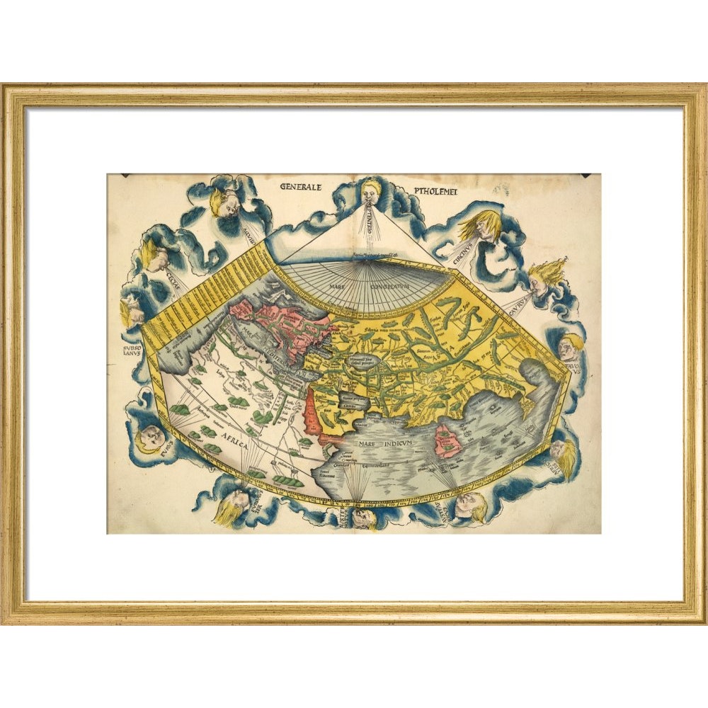 Ptolemic World Map print in gold frame