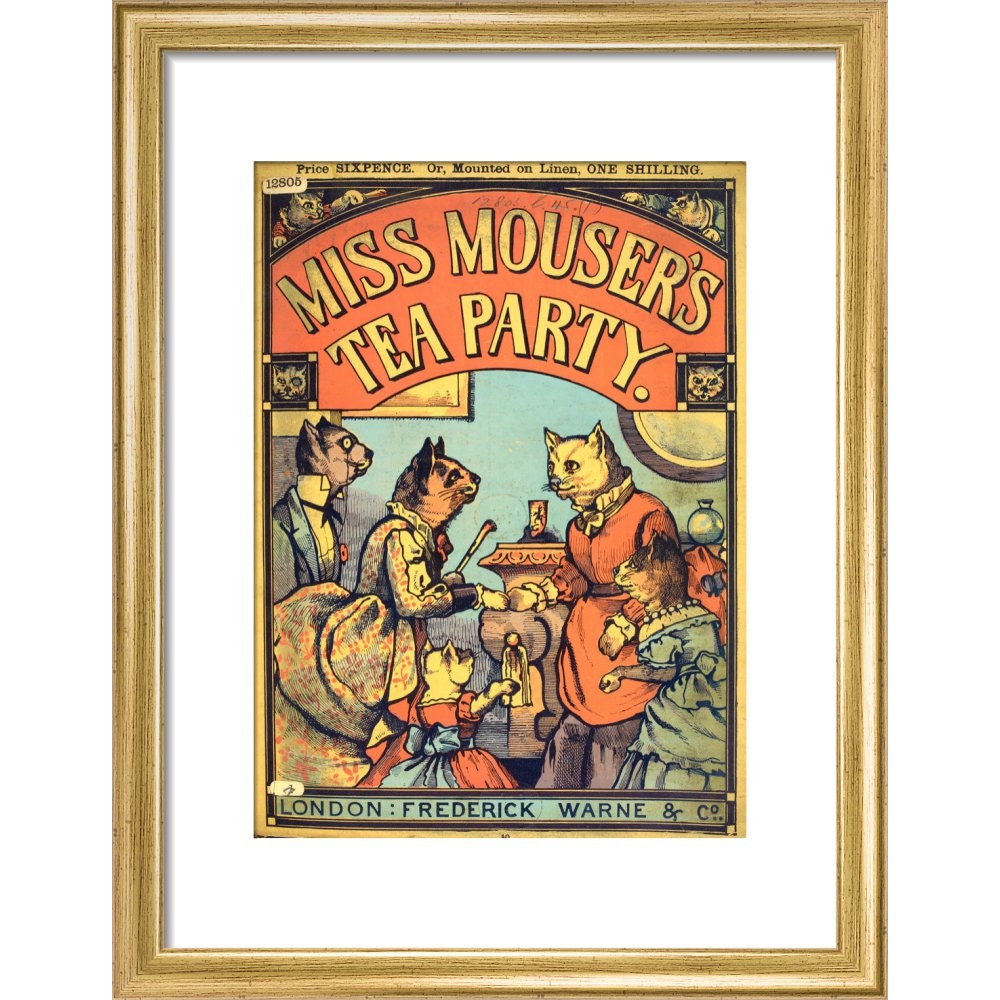 Miss Mouser's Tea Party print in gold frame