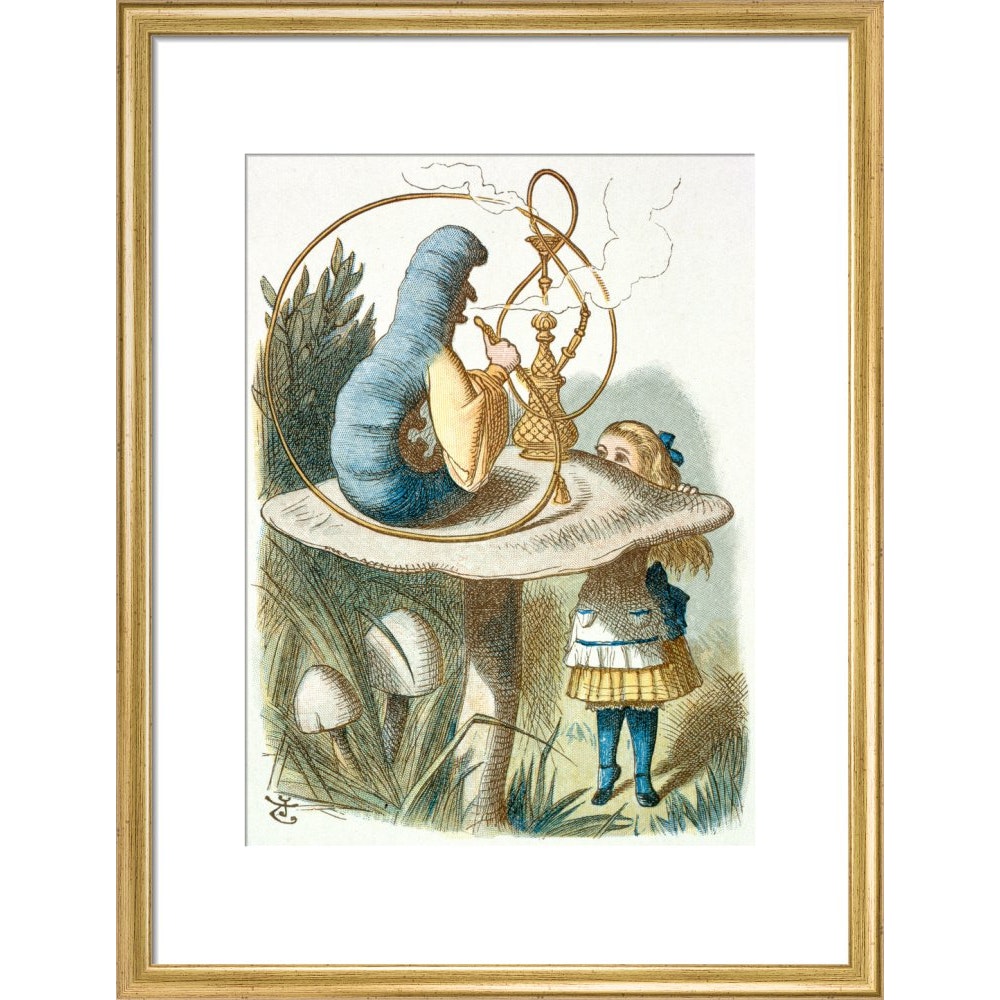 Alice meets the blue caterpillar print in gold frame