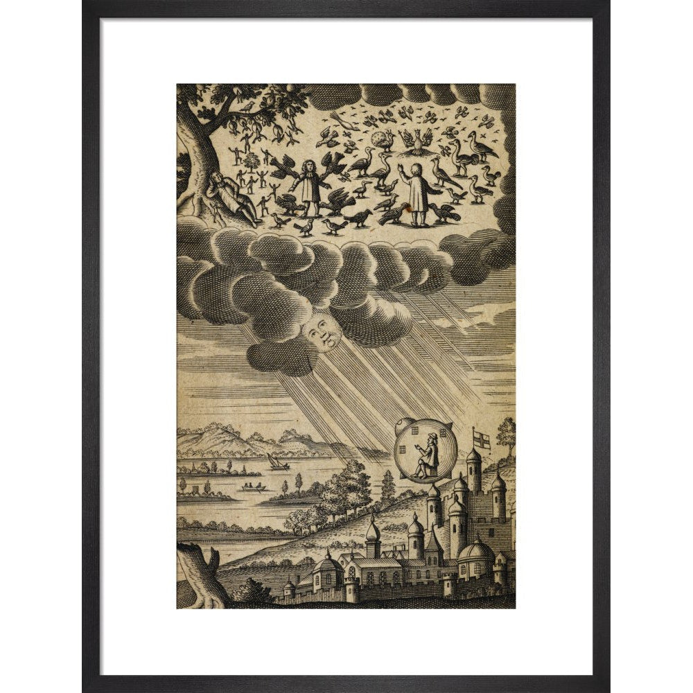 The Comical History of the States and Empires of the Worlds of the Moon and Sun print in black frame