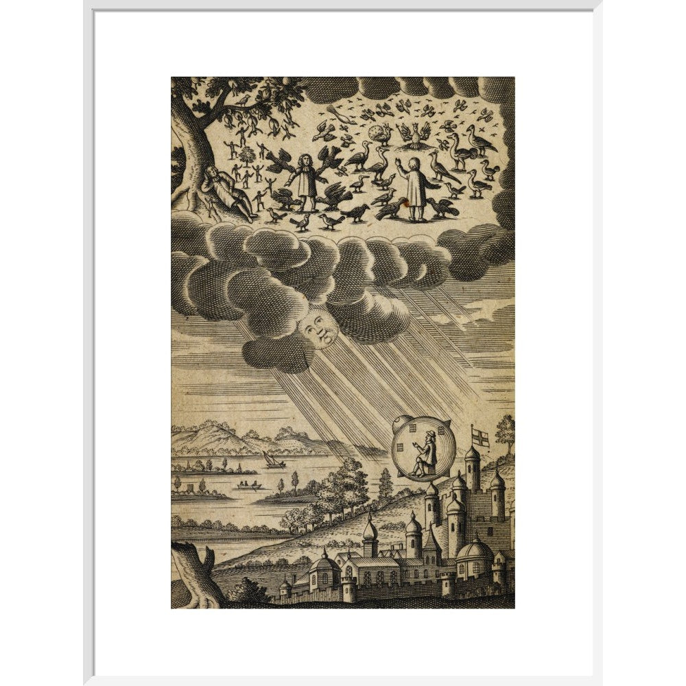 The Comical History of the States and Empires of the Worlds of the Moon and Sun print in white frame