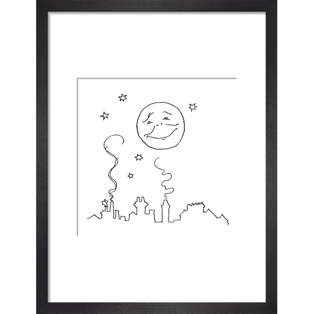 Smiling moon and rooftops print in black frame