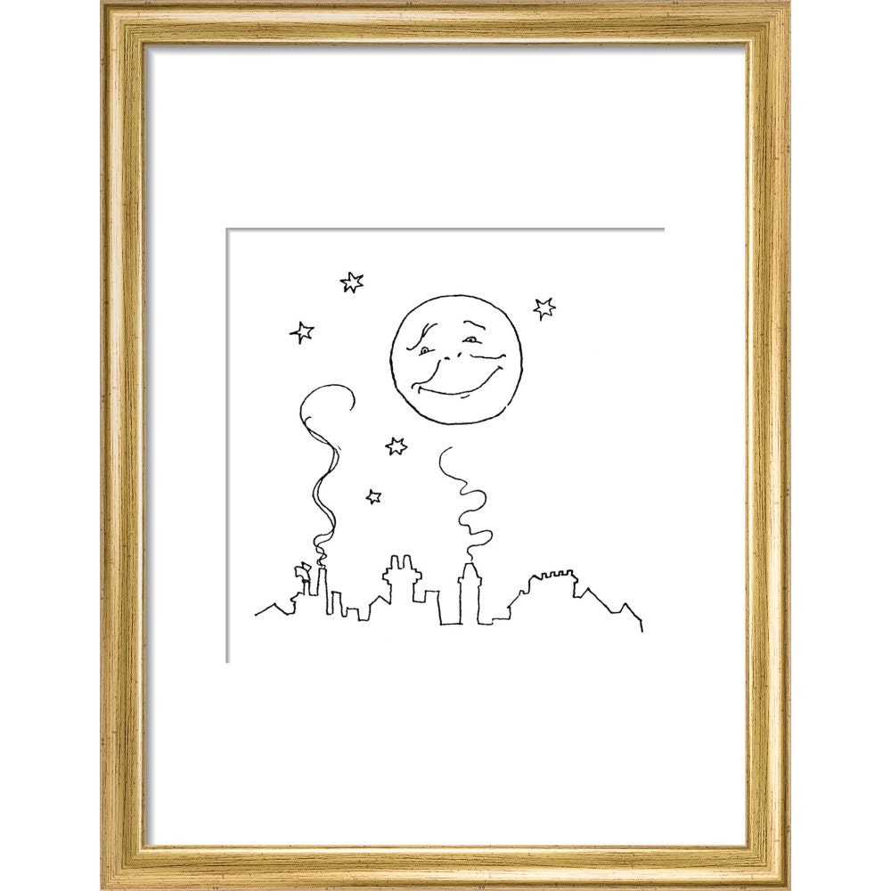 Smiling moon and rooftops print in gold frame