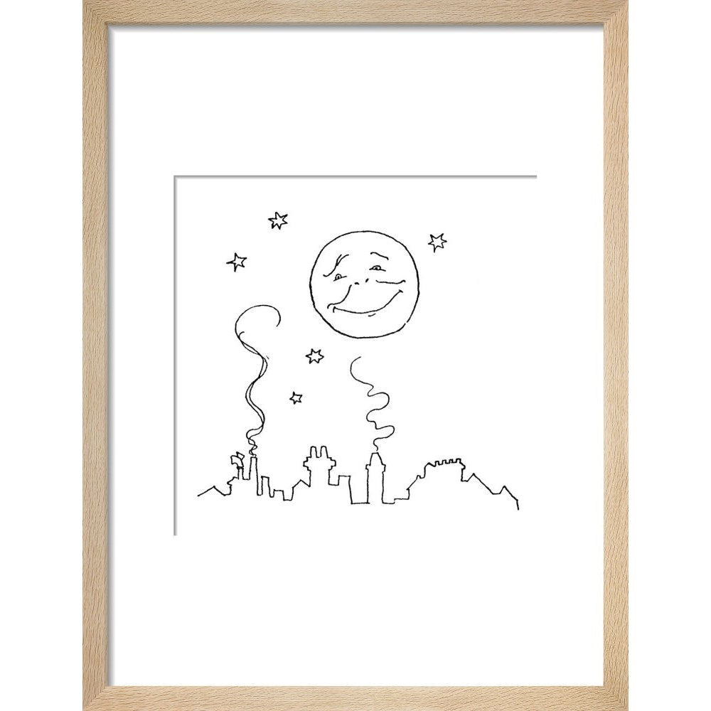 Smiling moon and rooftops print in natural frame
