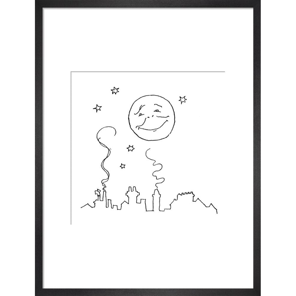 Smiling moon and rooftops print in black frame