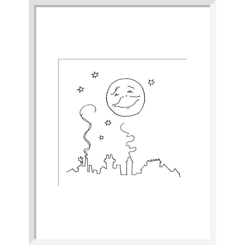Smiling moon and rooftops print in white frame
